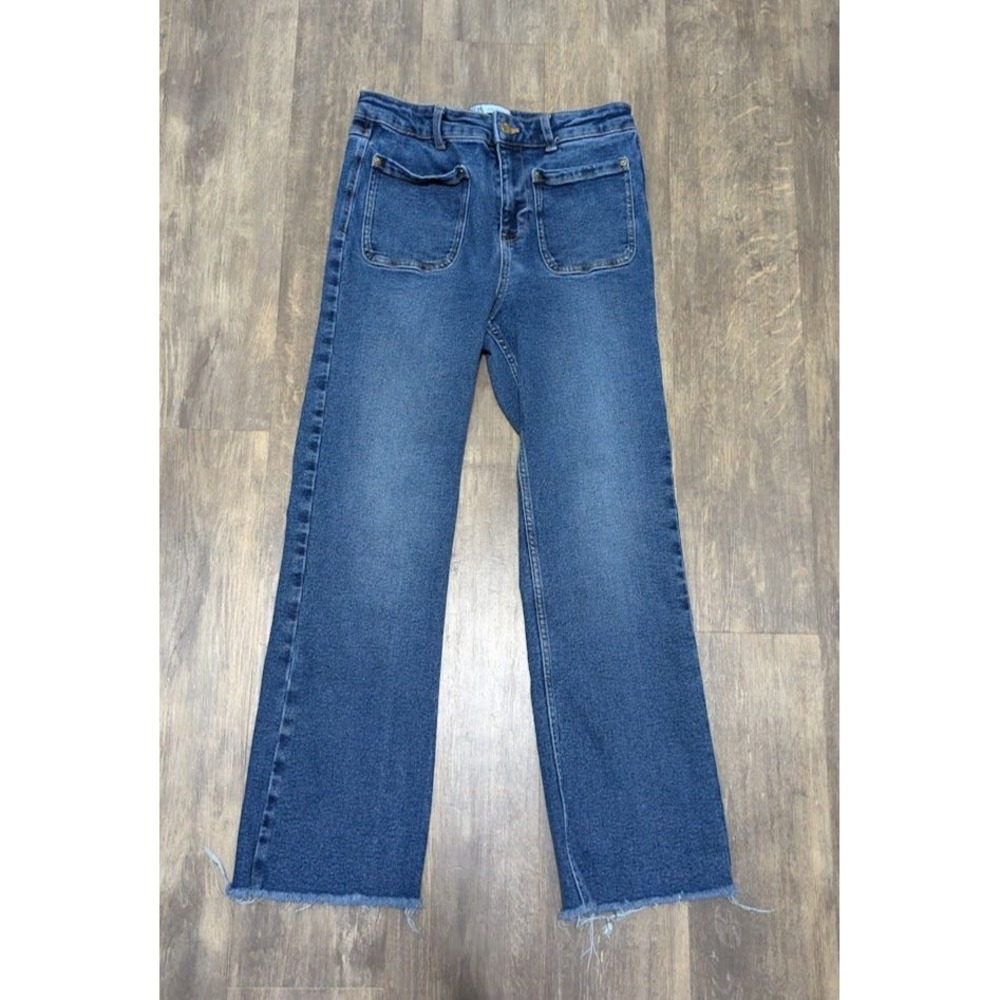 Zara Womens Jeans Size 4 Blue High Rise Straight Leg Raw Hem Patch Pocket